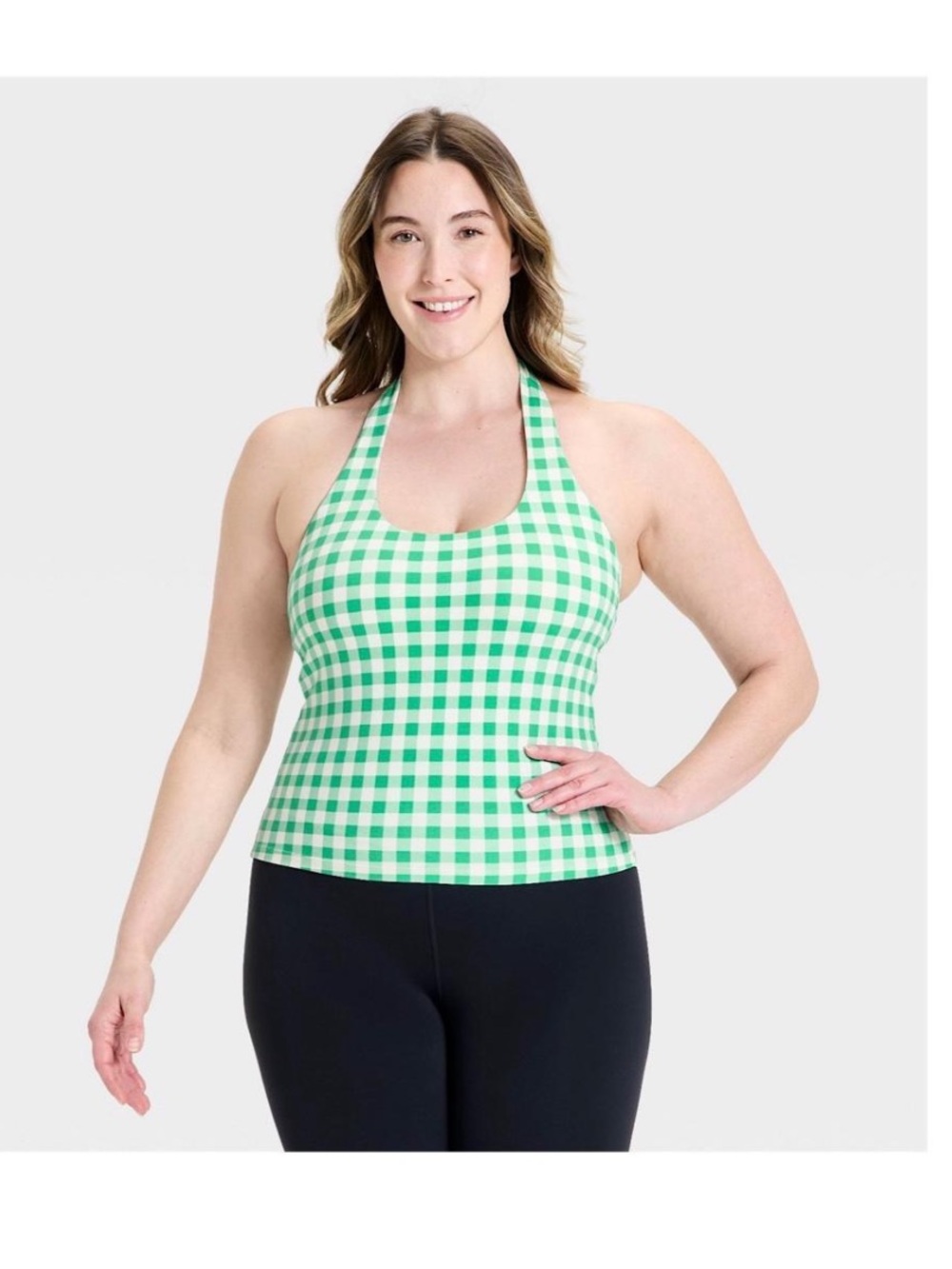 Green Gingham Halter Tankini Top - Women All in Motion size L NWT